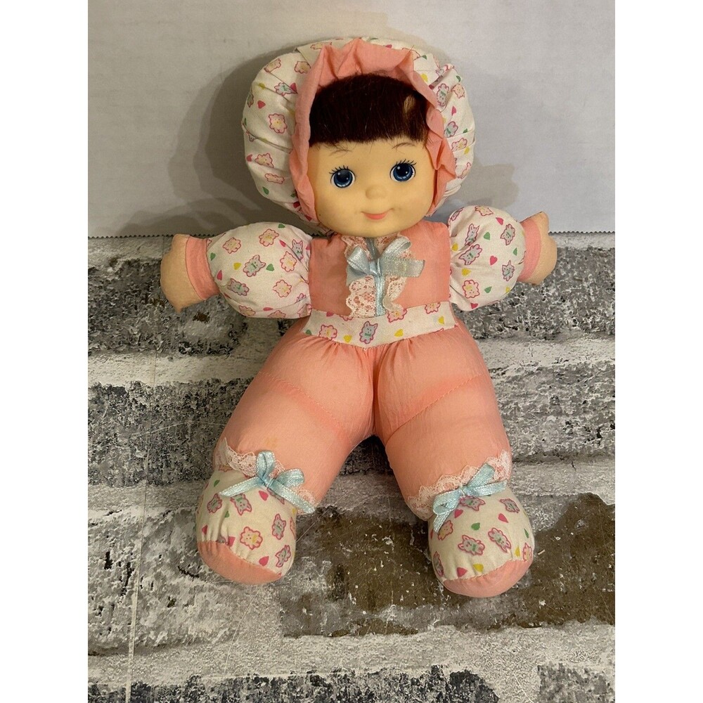 Vintage Fisher Price Baby Doll 1994 Plastic Face Bonnet Pink Floral Puffy Plush